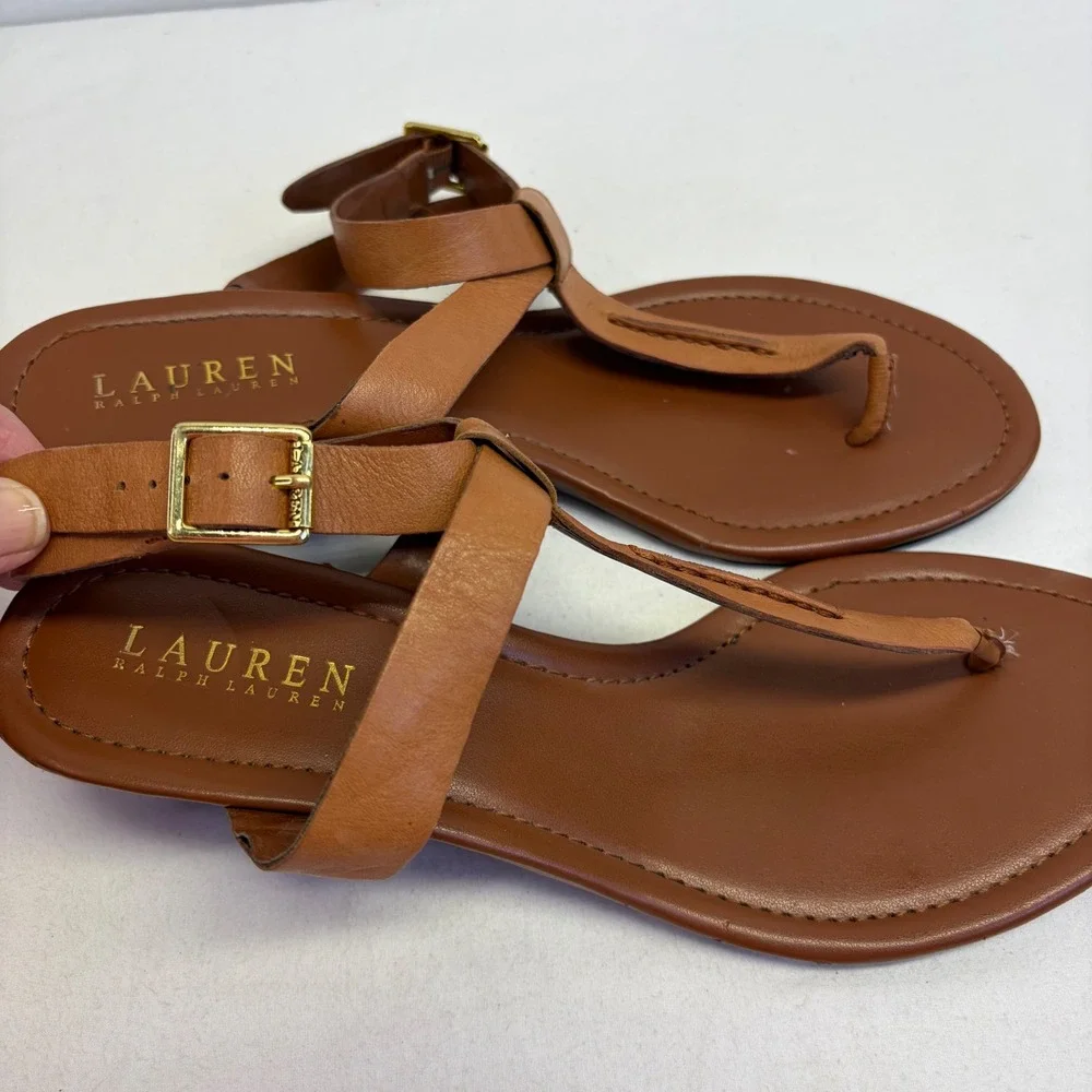 Lauren Ralph Lauren Wedge Sandals Womens 10B Brown Leather T-Strap Boho Preppy